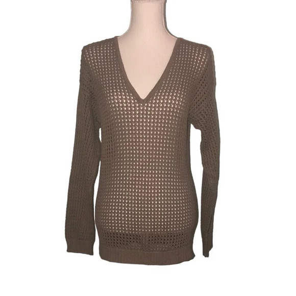 JEANNE PIERRE Sz M Women's Taupe Open-Knit High Low V-Neckline Pullover Sweater - Picture 1 of 7